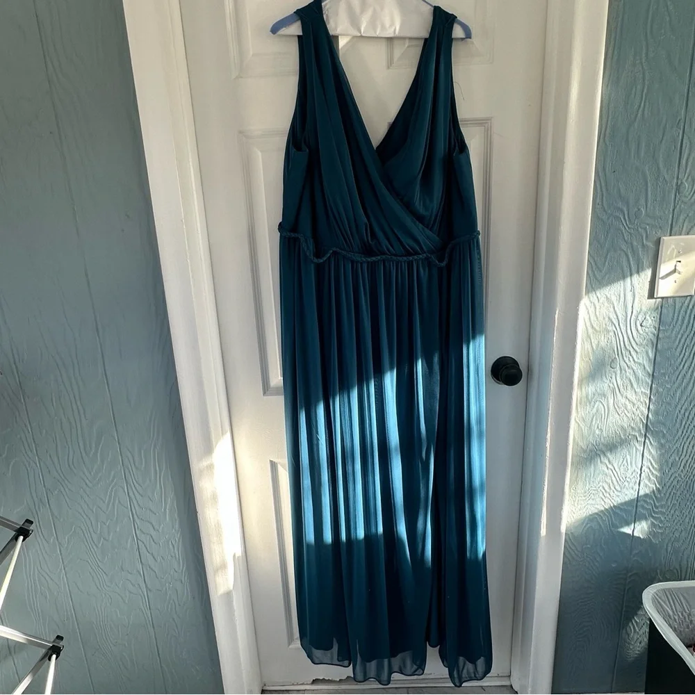 Azazie A24 TANICIA Stretch Ink Blue A-Line V-Neck Pleated Mesh Dress - Picture 2 of 6